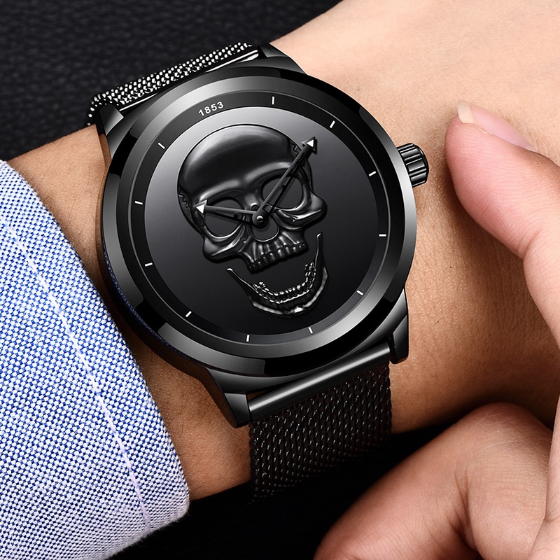 2018 lige mærke cool punk stil pirat skelet kranium quartz herreure mesh stål sport sort ur herre relogio masculino+box
