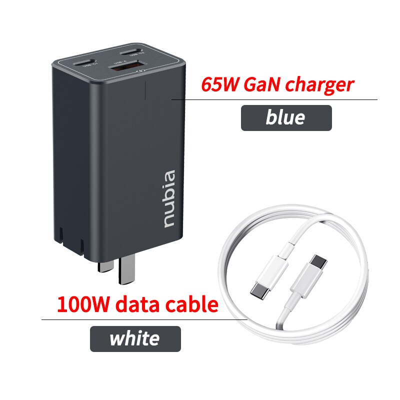 Original Nubia 65W GaN Quick Charger Adapter 100W 5A Cable for nubia RedMagic 6R 6 Pro 6S Pro Phone MAX output 65W PD Charger: GaN 2Pro Cable Blue