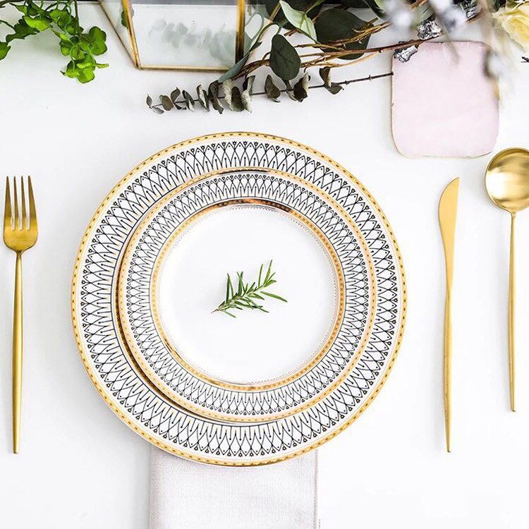 Europäischen-Stil Erzähler Steak Kuchen Snack Platte Bankett Ornamente Gold Rand Keramik Service Platte