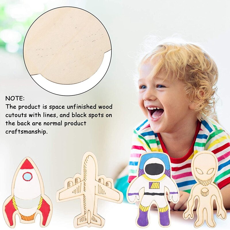45 stück holzfiguren zum bemalen, weltraummotiv, unfertige holzrohlinge, diy-kunstprojekt für kinder, bemalen, heimdekoration