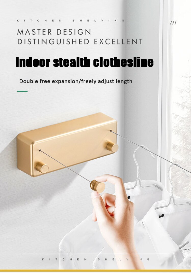 Retractable Clothesline Indoors Laundry Line with Adjustable Stainless Steel Double Rope Wall Mounted Space-Saver Drying Line
