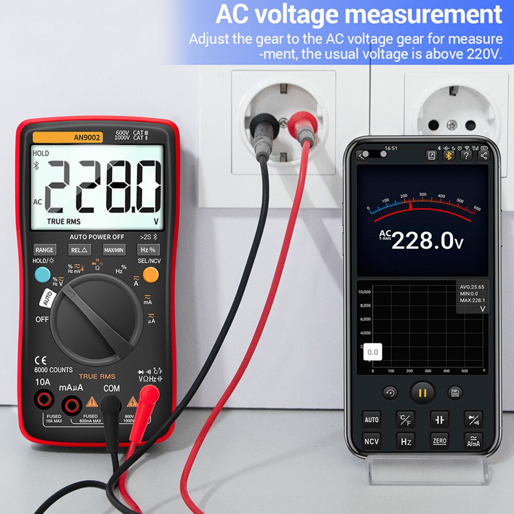 AN9002 Auto-Range Tester Home Bluetooth Digital Multimeter APP True Rms 6000 Counts Current Voltage Smart Tool