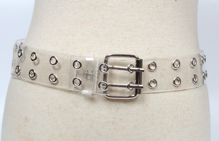 cinturón de PVC de dos filas para mujer, hebilla de doble Pin, cinturones transparentes de cintura blanca para mujer, cinturón para Vestido vaquero para mujer: Clear Without Chain
