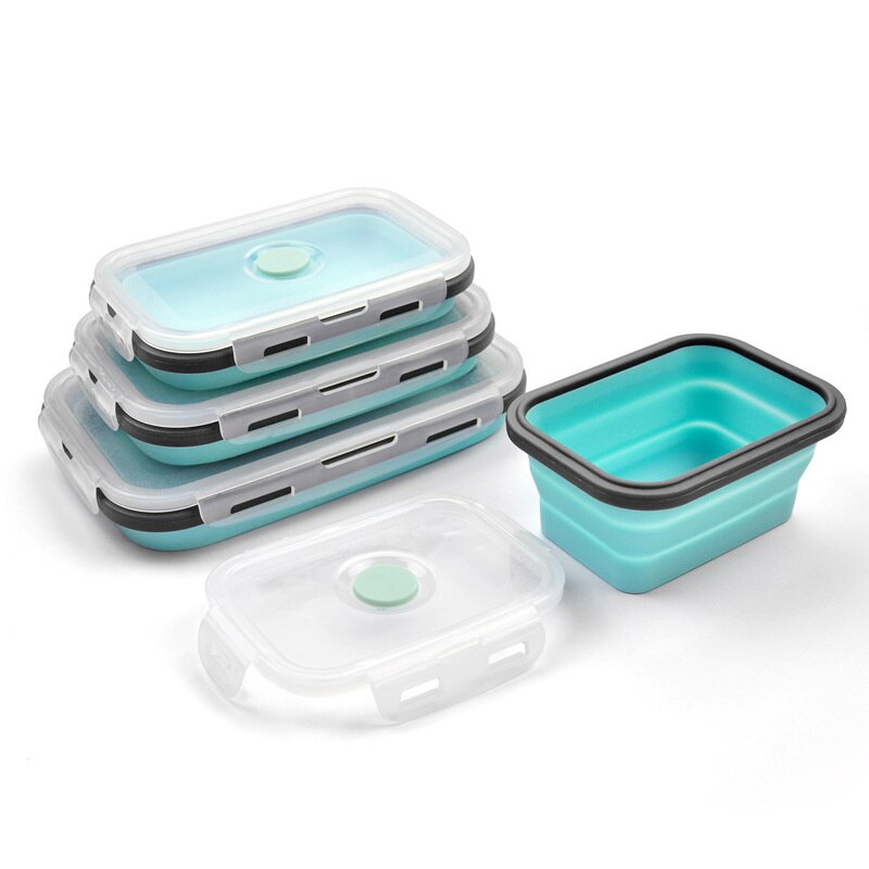 4 Stuks Siliconen Lunchbox Inklapbare Voedsel Container Bpa Gratis Voedsel Inklapbare Opslag Container Magnetron Vriezer Veilig: blue