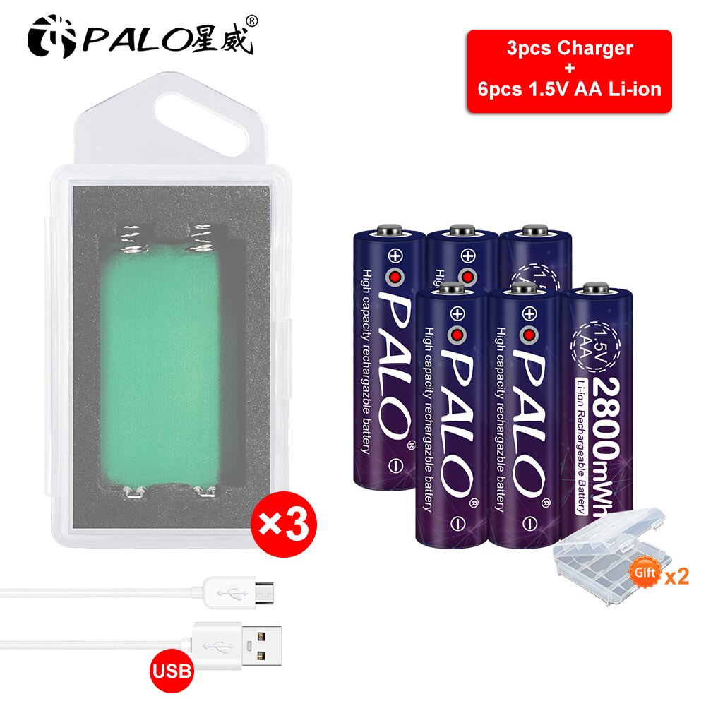 Palo 2-8 Stuks 1.5V 2800mWh Aa Li-Ion Lithium Batterij 1.5V Aa Oplaadbare Batterij Voor Camera Speelgoed + Usb Battery Charger Case: 6 AA 3 charger