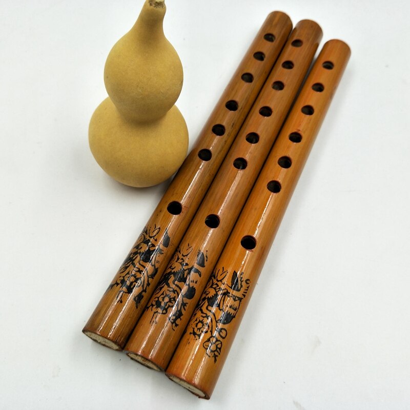 24Cm Bamboe Klarinet Chinese Stijl Vintage Patroon 6 Gaten Recorder Muziekinstrumenten Voor Studenten Beginners