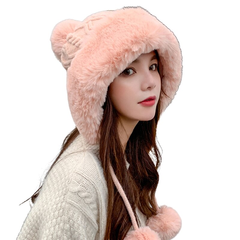 Vrouwen winter warme pluche kabel gebreide bomber muts pompon oorkleppen trapper pet warmer: Roze