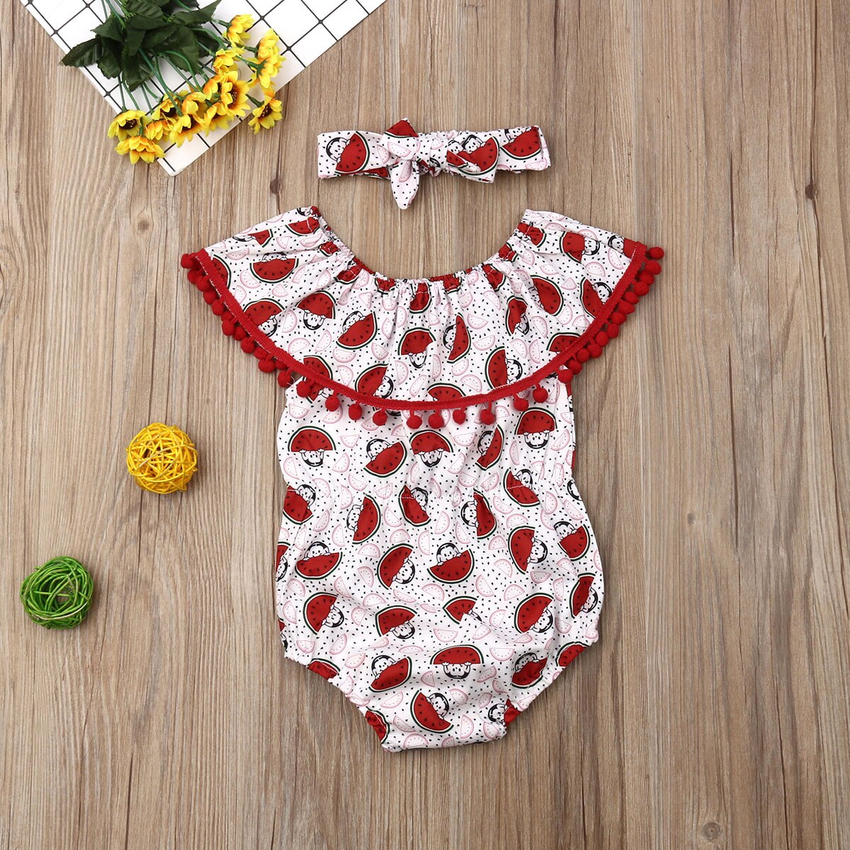 Bebis sommarkläder småbarn bebis flicka vattenmelon bodysuits kläder tofs jumpsuits pannband 2 st outfit soldräkt 0-3t