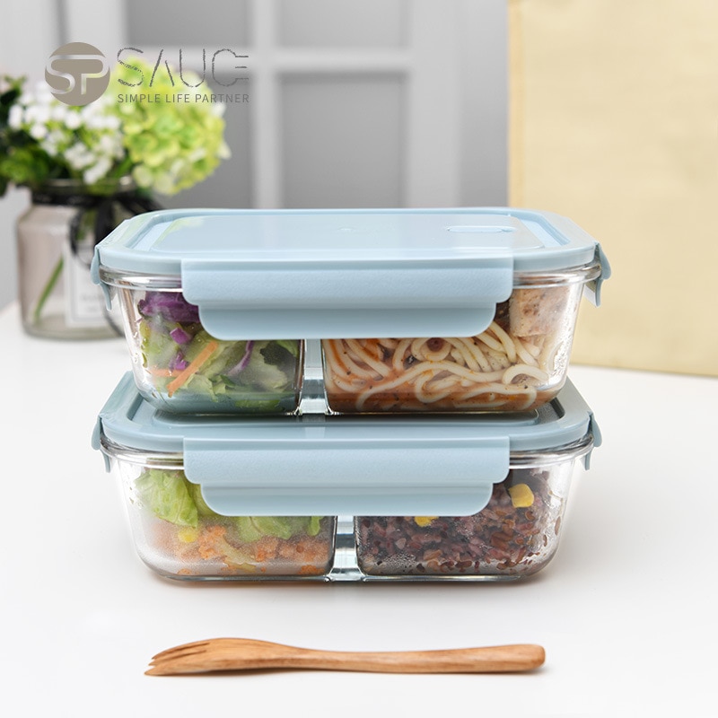 Lunch box, glass partition, heatable lunch box, rectangular lunch box, compartmentalized set, crisper for microwave oven