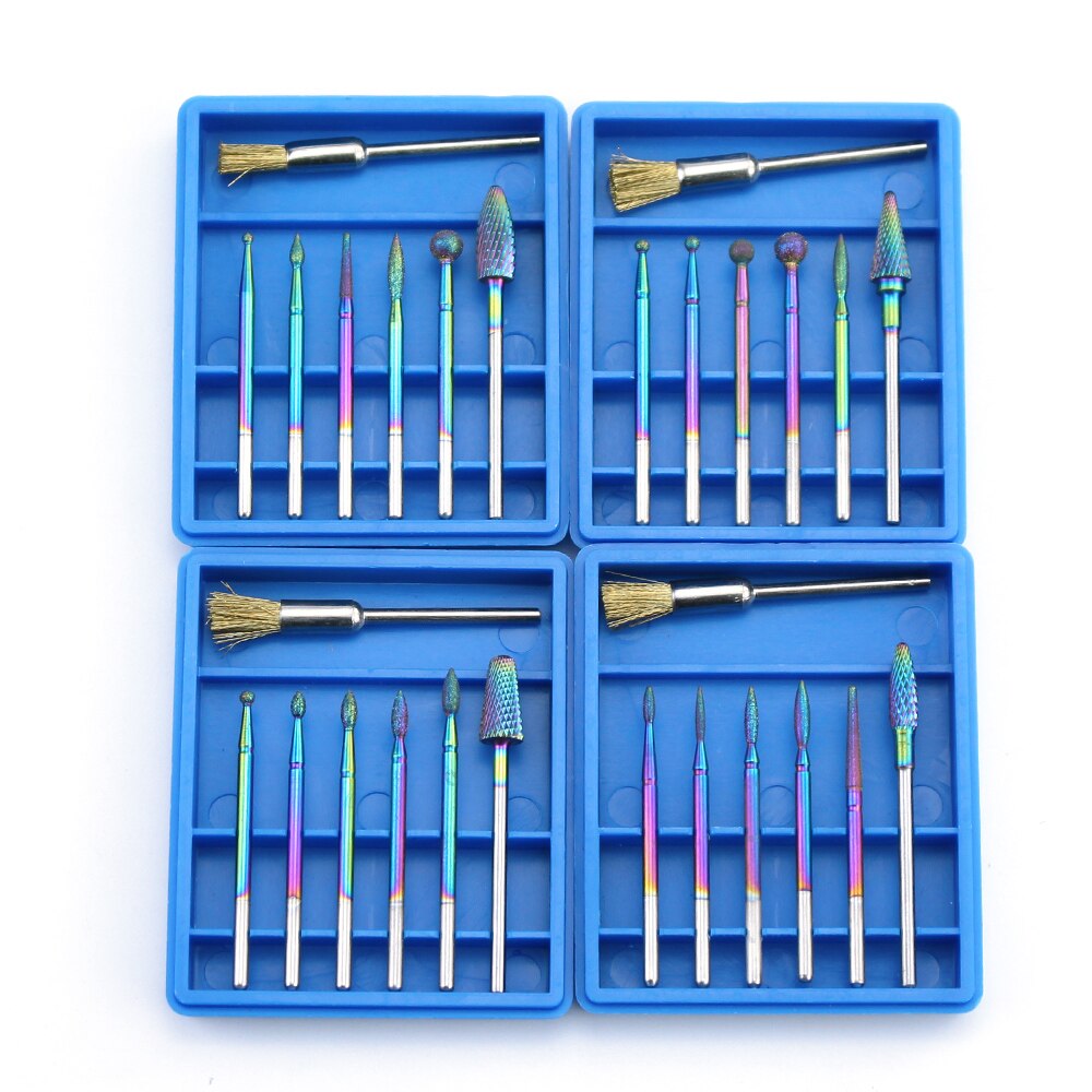 7 stk/sæt diamant hårdmetal fræser regnbue neglebor børste til manicure elektriske maskine bits burr nail art værktøjer