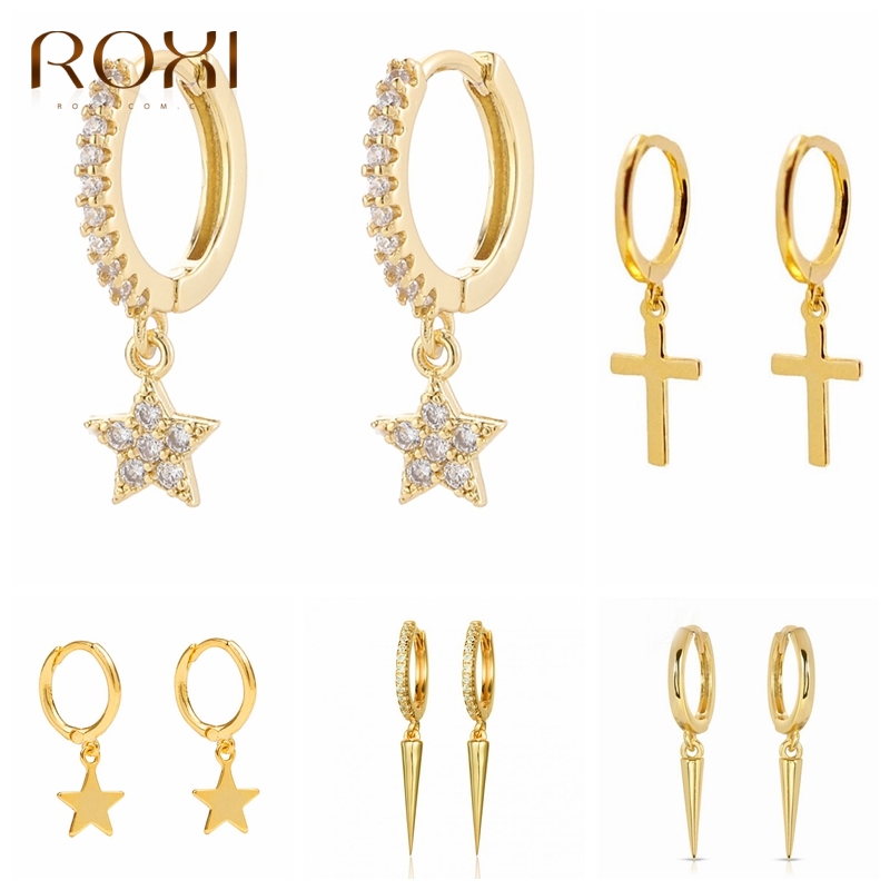 Roxi Koper Wit Zirkoon Stone Oorringen Voor Vrouwen Meisjes Zomer Sieraden Oorbel Ster Cross Klinknagels Huggie Oorbellen Pendientes