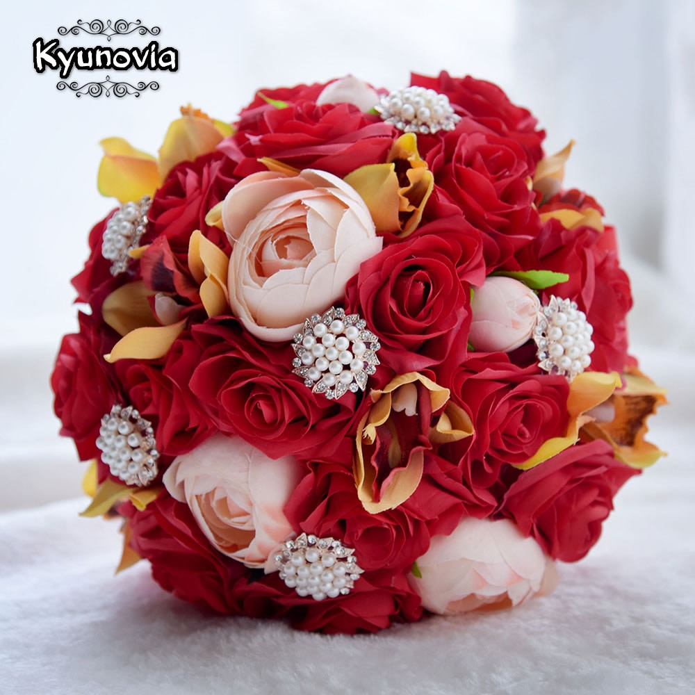 Kyunovia Wedding Silk Flower Bouquet Red Roses Bride Bouquet buque de casamento Wedding Centerpiece Flower Bridal Bouquet GC28