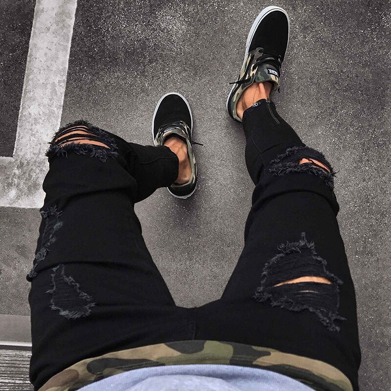Pantalones vaqueros negros para hombre, Jeans ajustados rasgados y desgastados, elásticos, ajustados, de estilo Hop, con agujeros
