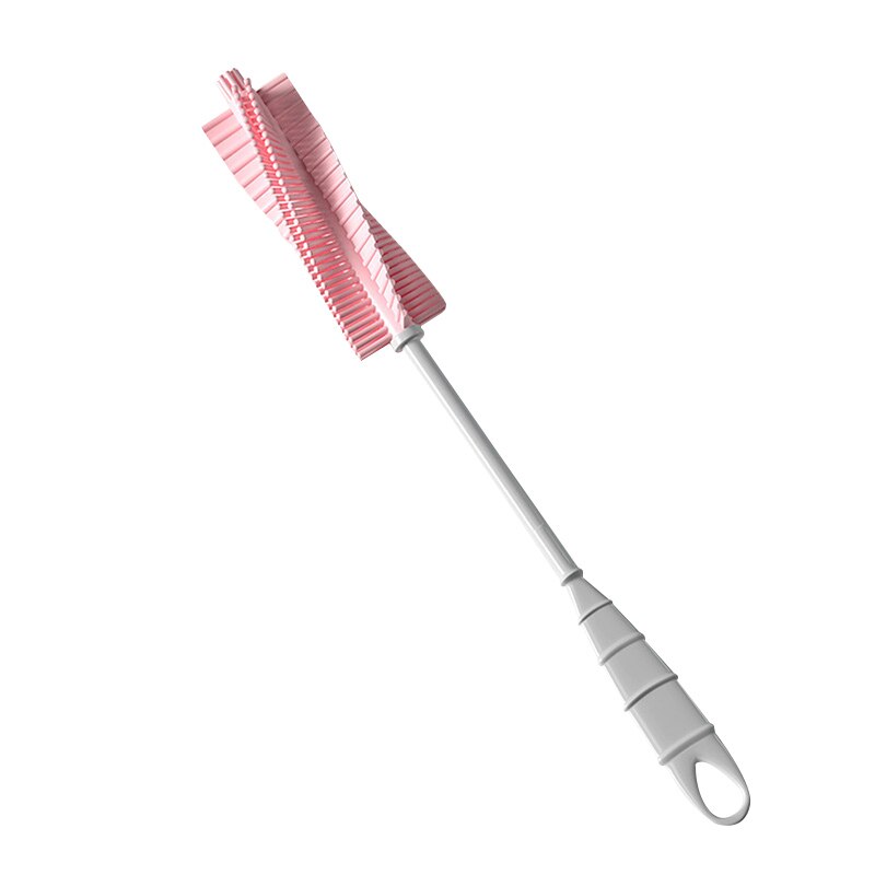 Multifunktionale silikon-babyflaschenbürste mit langem griff, drehbar, reinigt und schrubbt babymilchflaschen.: Rosa
