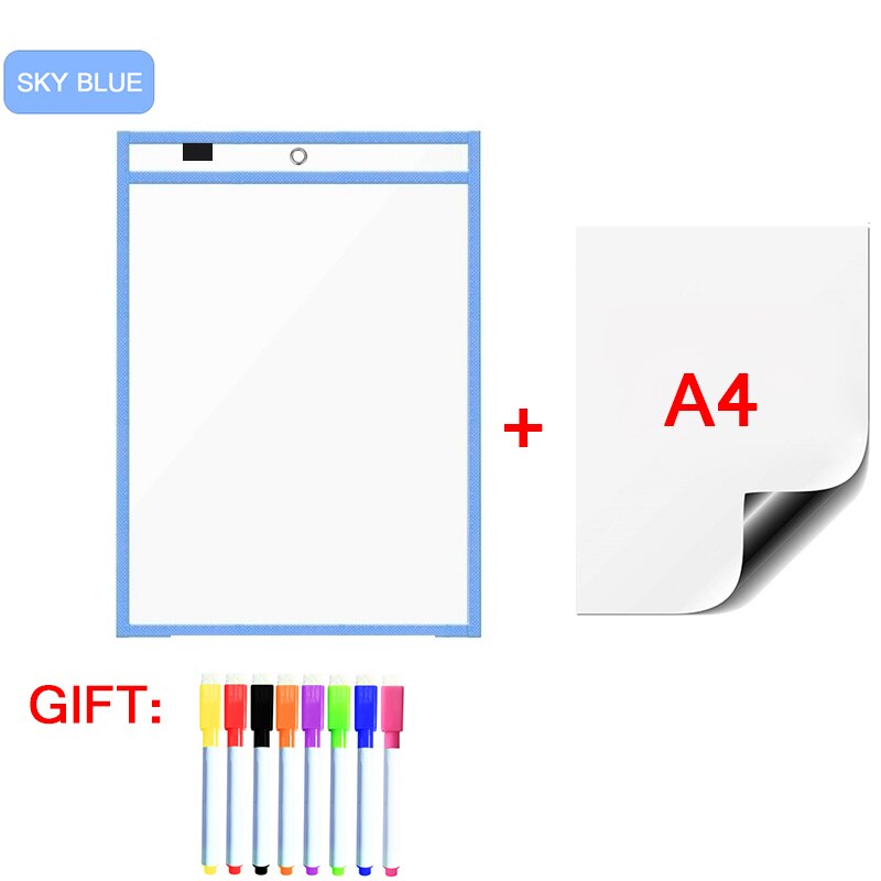 Magnetic Whiteboard Soft Dry Erase Pockets Bags Write Wipe Drawing Writing Classroom Teaching Supplies Reusable Magnet Markers: SkyBlueA48P