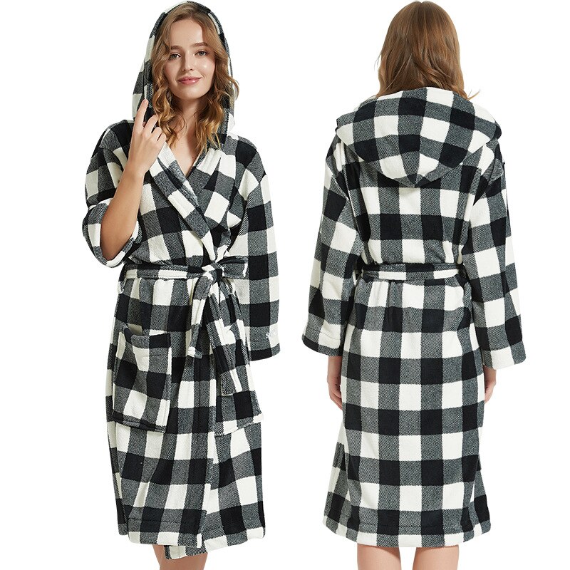 Bata de baño de franela con capucha para hombre y mujer, pijama de longitud media a cuadros, bata de dama de honor con cordón, Otoño e Invierno