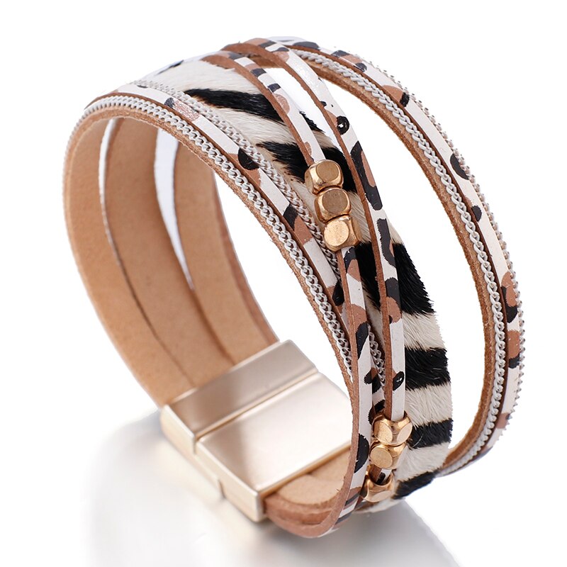 Amorcome luipaard leren armbanden voor dames metalen kralen bohemian brede wikkelarmband dames feest sieraden: Wit