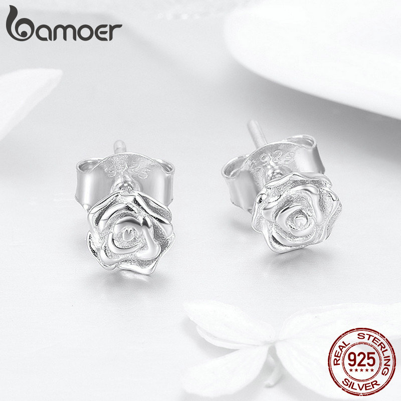 BAMOER Authentische 925 Sterling Silber Romantische Rose Blume Zucht Ohrringe für Frauen Sterling Silber Schmuck BSE012