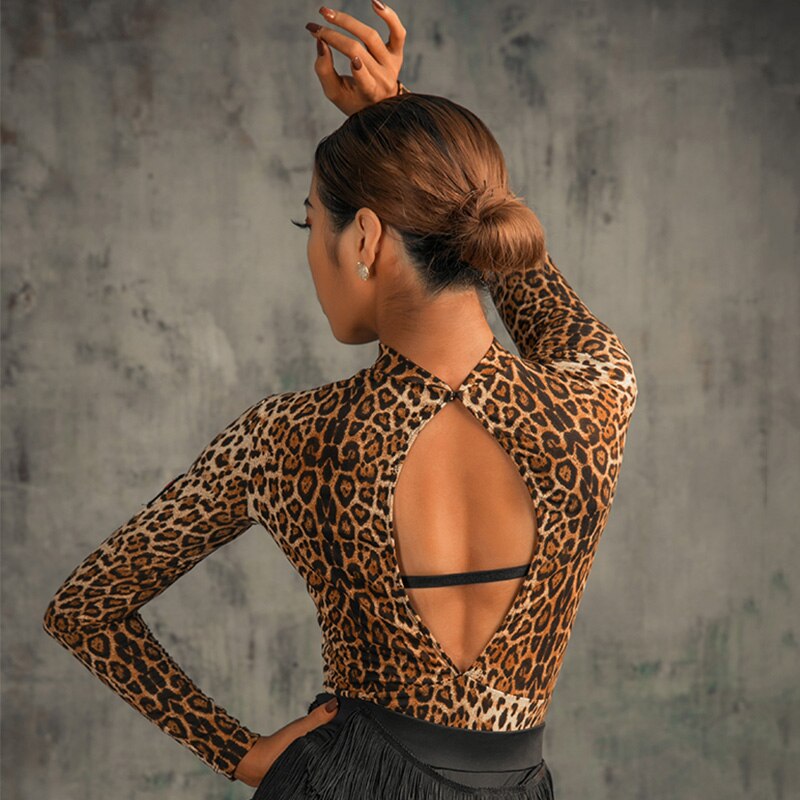 Latin dans toppe kvinder rumba cha cha samba salsa dans skjorter praksis tøj høj krave langærmet leopard print  ua219
