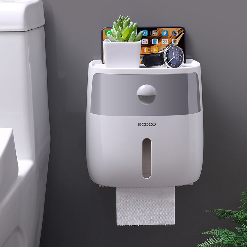 Baispo dobbeltlag toiletpapirholder vandtæt opbevaringsboks vægmonteret toiletrulle dispenser bærbare toiletpapirholdere: Grå