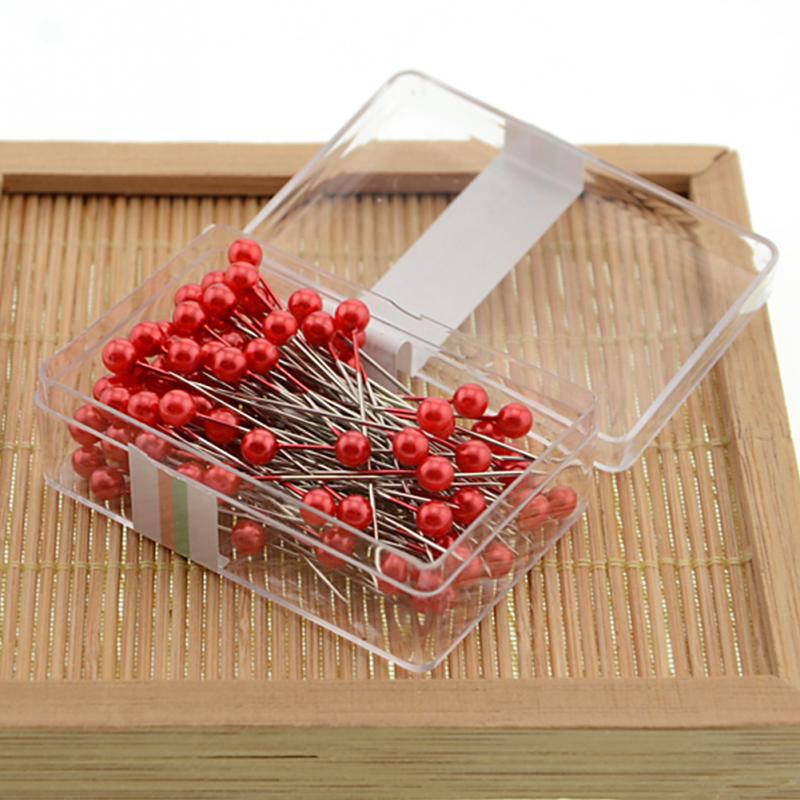 100 Uds. 36mm alfiler de cabeza de costura redondo perla recta alfileres de acero inoxidable + PVC Multicolor alfileres artesanales agujas de coser Pins herramientas #1026: Red