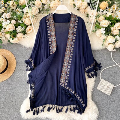 Teelynn Wit Katoen Etnische Borduren Kimono Robe Vrouw Lange Blouse Vest Ssummer Boho Strand Tassle Bohemian Bikini Cover Up: Royal Blue