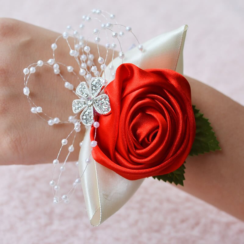 Bruidscorsage, bruidscorsage, polscorsage, parelarmband, handgemaakt polsbloemetje, bruidsmeisjeshandbloemen: Rood