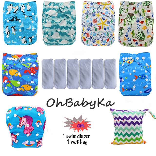 Ohbabyka Baby Cloth Diaper Couche Lavable Training Pants 6pcs Reusable Pocket Diaper Cover+6pcs Bamboo Insert Baby Nappies: 86