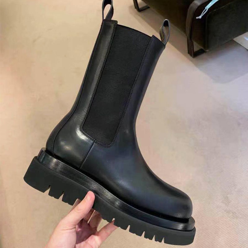 Lyxiga märkes vinterskor dam mid-calf boots pu läder motorcykel stövlar dam chelsea stövlar flaskor femme botas mujer