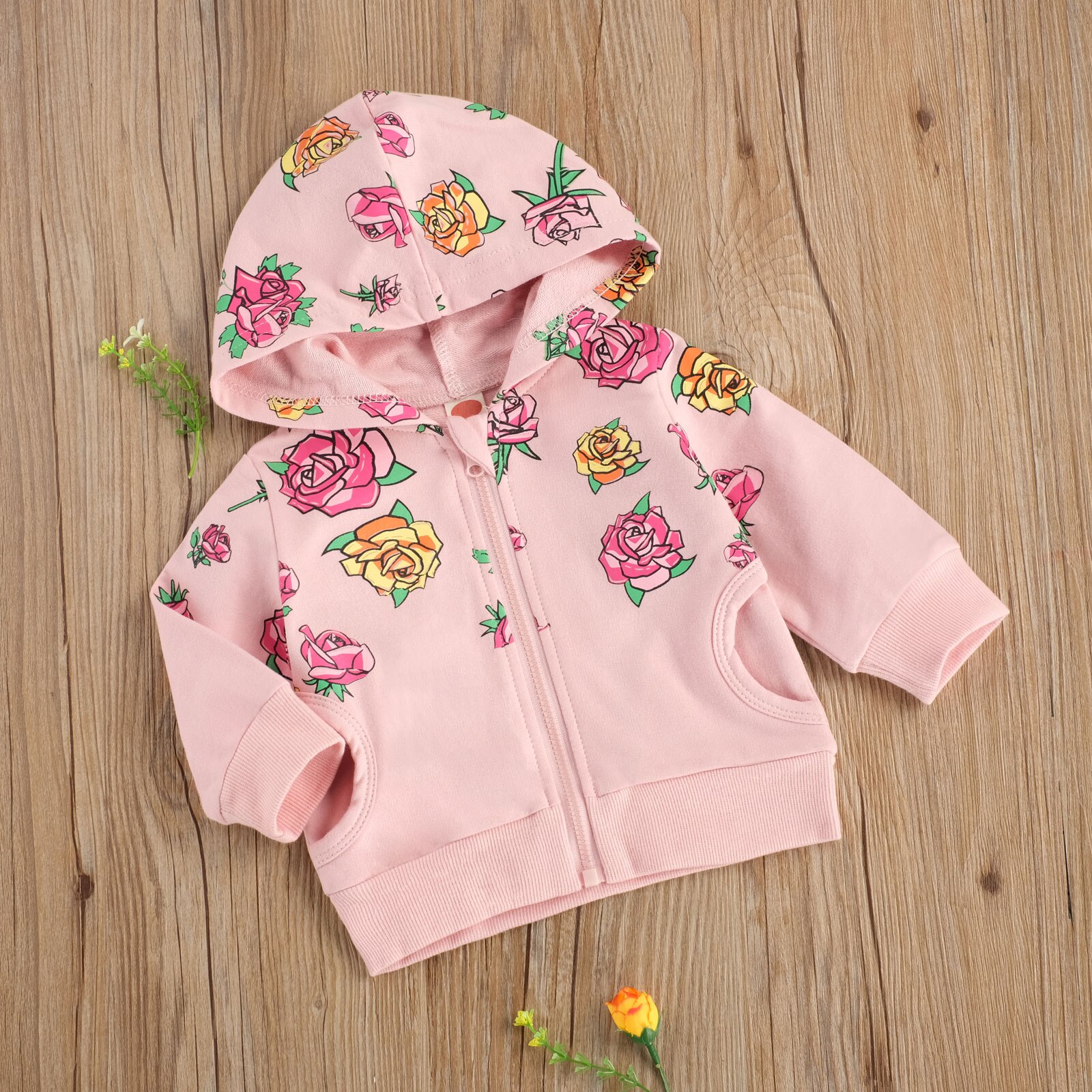 Camiseta con capucha rosa para niña pequeña, ropa para bebé de 0 a 24 meses, con estampado de rosas y bolsillos con cremallera, Top de manga larga rosa, atuendo para bebé
