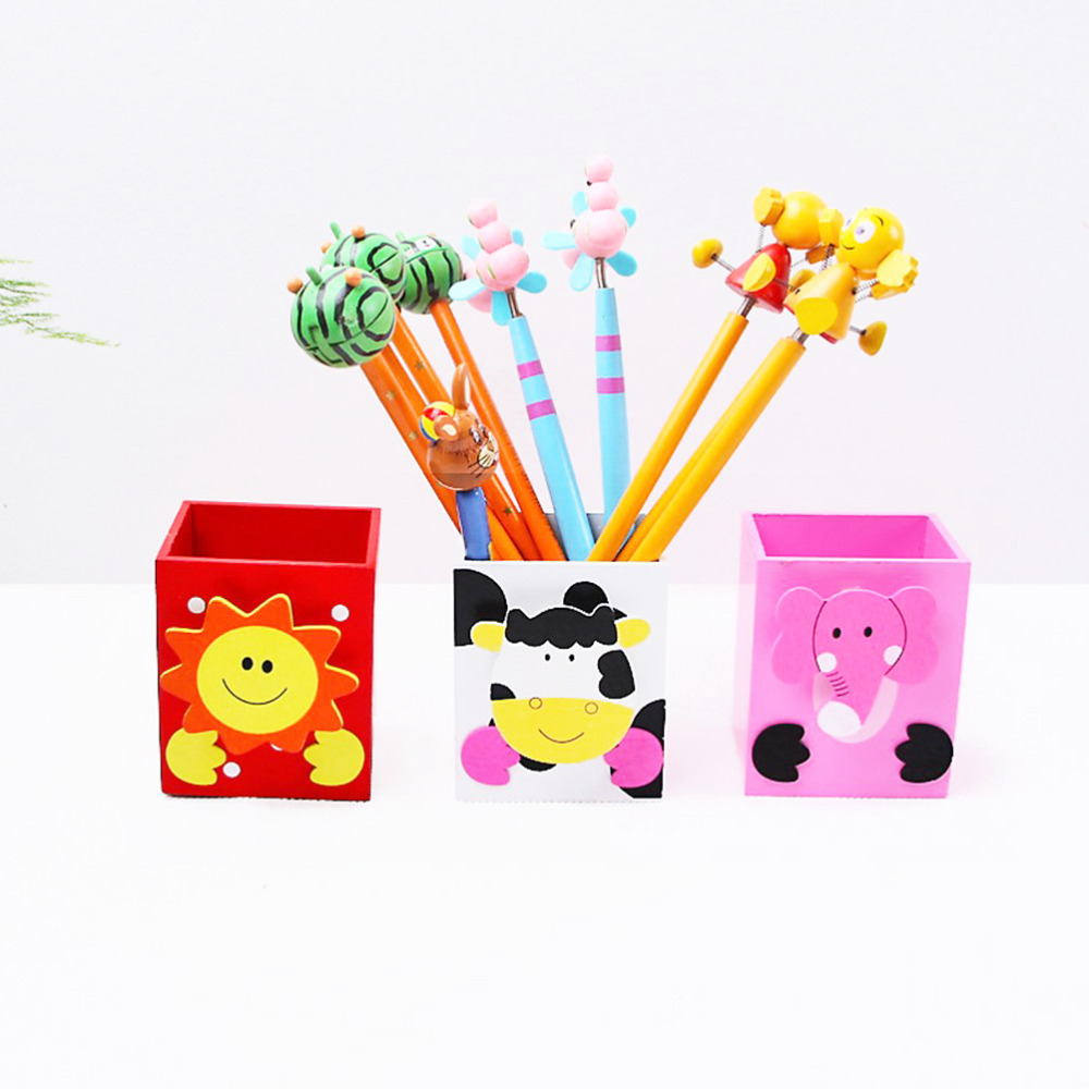 Wooden Pencil Holder Cartoon Pen Organizer Container Desktop Cute Stationery Desk Decoration For School Office Kids Children