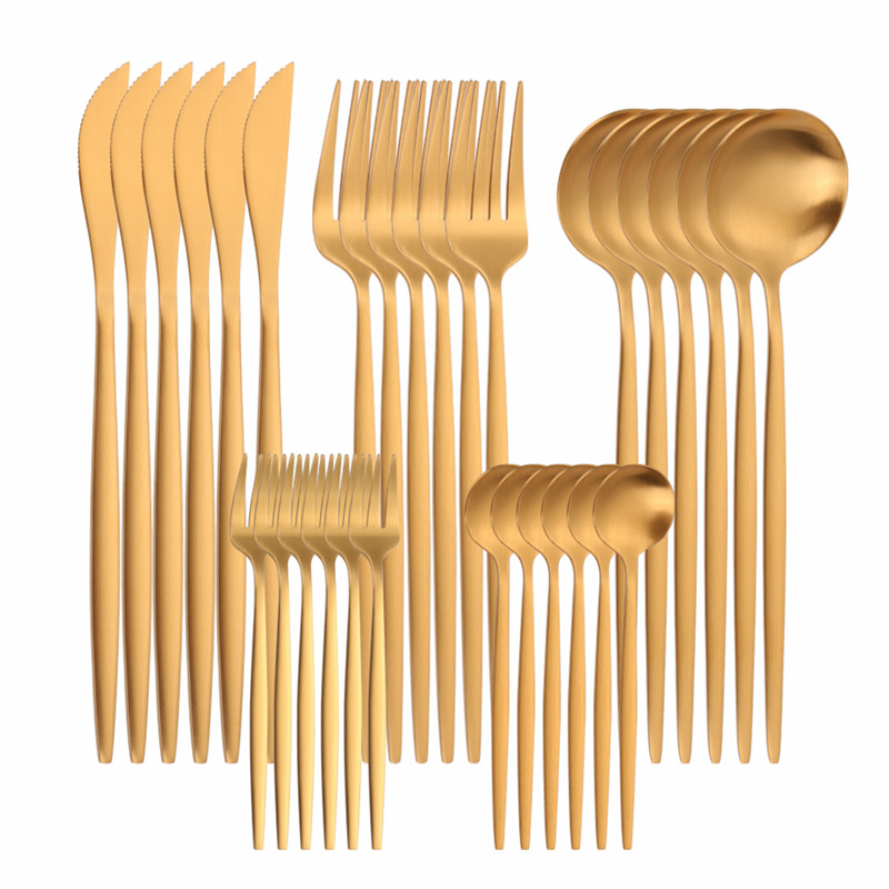 30 Pcs Matte Flatware Tableware Fork Knive Spoon Stainless Steel White Golden Cutlery Set Home Kitchen Tableware Set Dinnerware: gold 30pcs