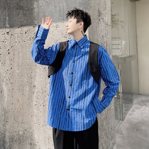 Chaleco a rayas para hombre, camisa informal holgada de manga larga, ropa de calle de Japón, coreano, Cityboy, a la: Azul / XL