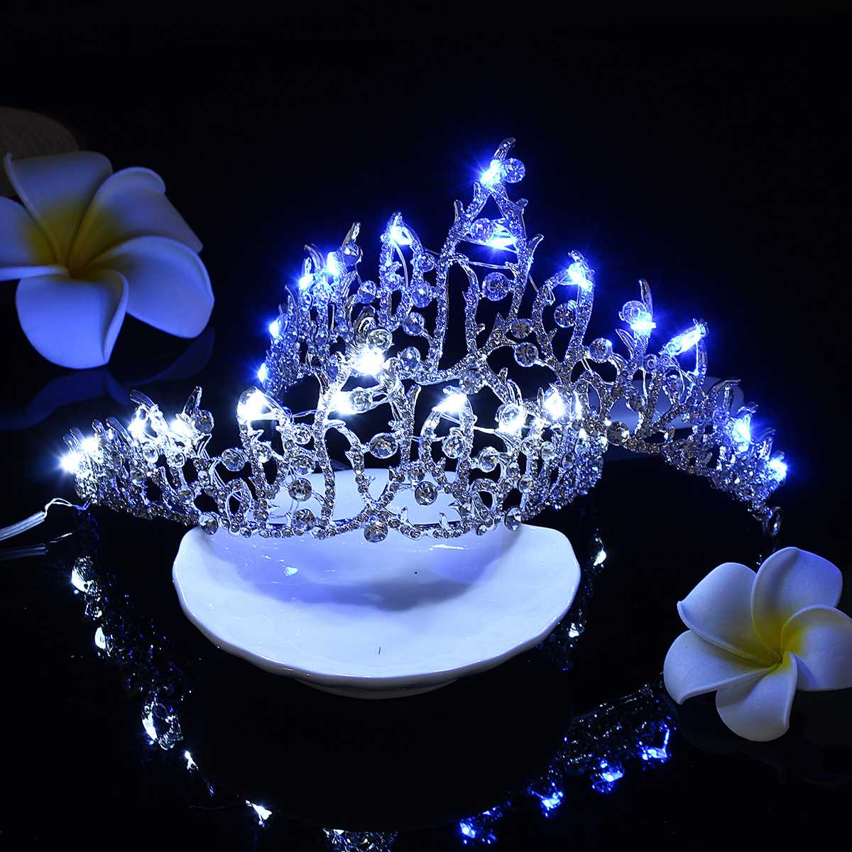 Självlysande diadem kronor för brud blå/vit ljus led krona för kvinnor fest bröllop headpiece hårprydnader kristall tiara