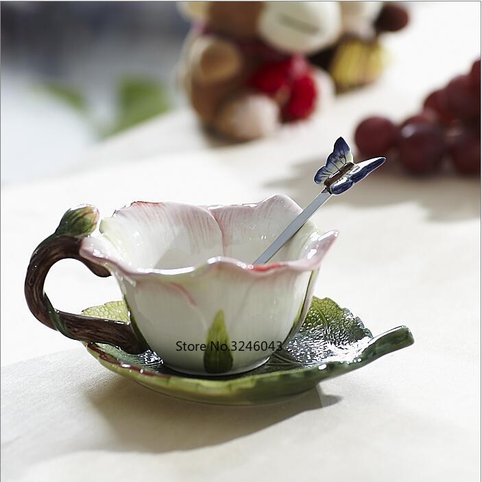 Pink rose cup ceramic cup Teacup Set Coffee Cup Herbal Tea Set Cute Wedding Cup Saucer Spoon Combination