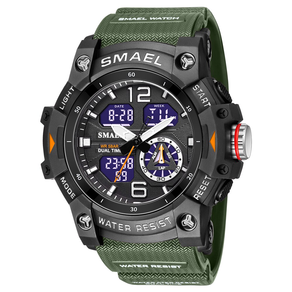 SMAEL – montre de sport pour hommes, double affichage LED, numérique, Quartz, étanche, chronomètre pour étudiants, horloge pour jeunes: ArmyGreen