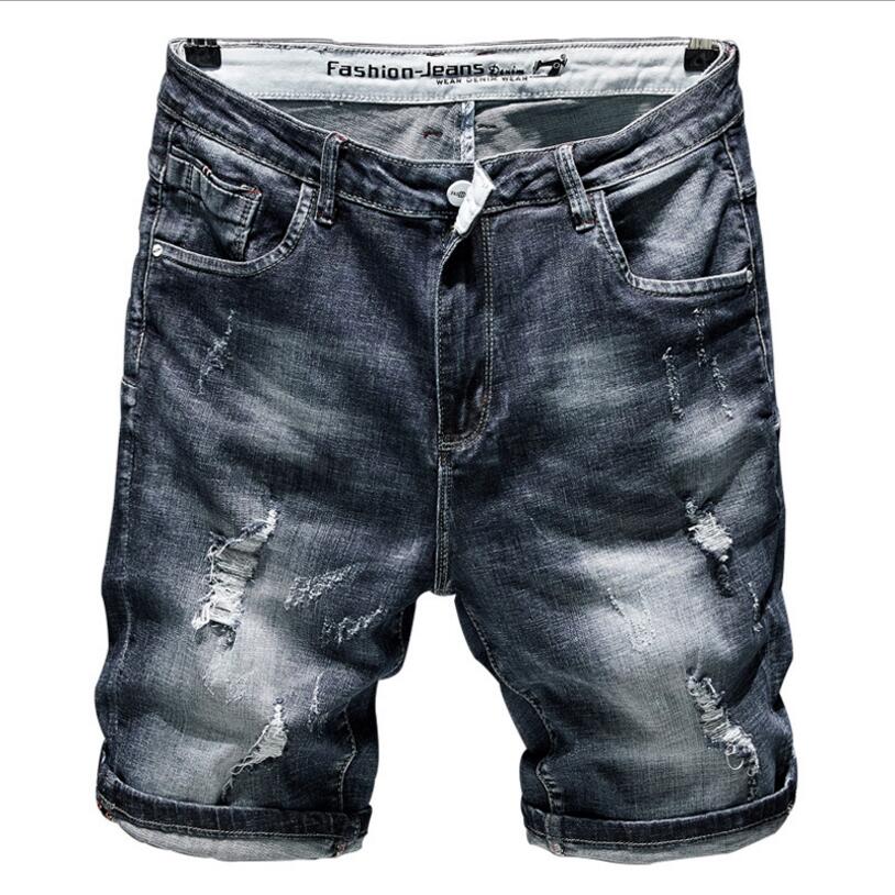 Mænd sommer korte jeans huller denim shorts mænd bomuld stretch jeans shorts slim sorte jeans shorts mænd skinny jeans