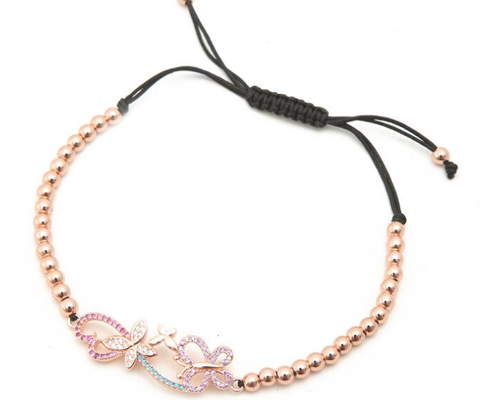Goud Zilver Micro Pave Cz Zirconia Touw Aangepast Koperen Kralen Armband Wh3 Vlinder Charm Gevlochten Armbanden Sieraden Vrouwen