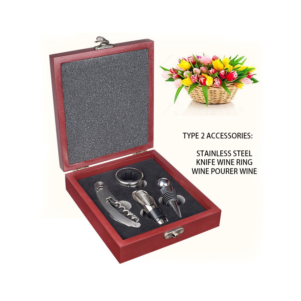 4PCS Wine Corkscrew Set With Wooden Box Opener Stopper Pour Spout Opener Set Drip Ring Wine Tools Wine Corkscrew Set: B