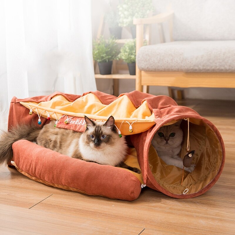 Lit Tunnel pliable avec tapis, 2 voies, avec boule à gratter, jouets interactifs, maison pour chat, chiot, chaton