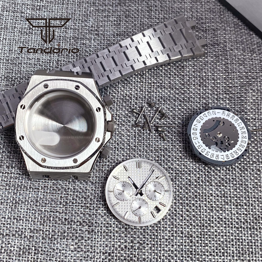 Roestvrijstalen Geborsteld 42Mm Horlogekast Armband Achtkant Bezel Saffier Crystal Fit Vk63 Vk64 Chronograaf Quartz Uurwerk