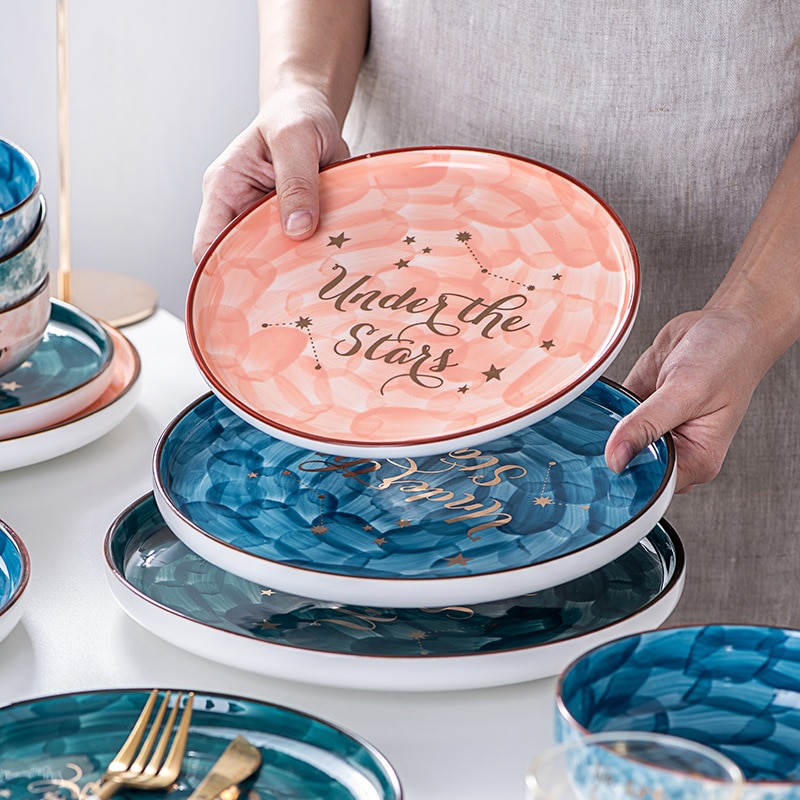 Assiettes de service ciel étoilé série étoiles, plateau de vaisselle en céramique pour Steak Spaghetti plateau rond peu profond, vaisselle de fête