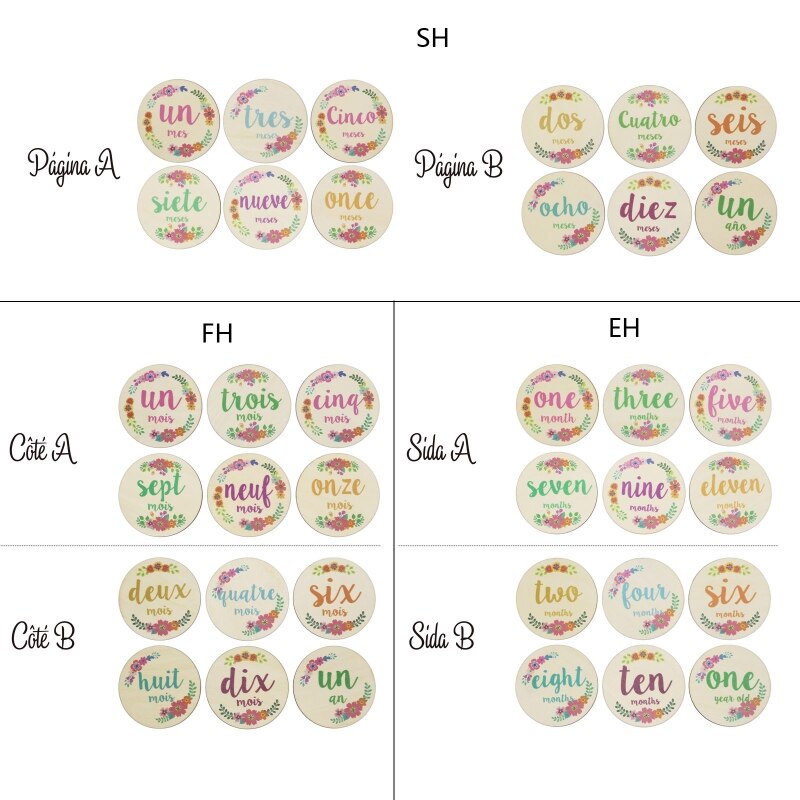 6 Pcs Handmade Newborn Baby Milestone Cards Floral Printed Month Wooden Cards