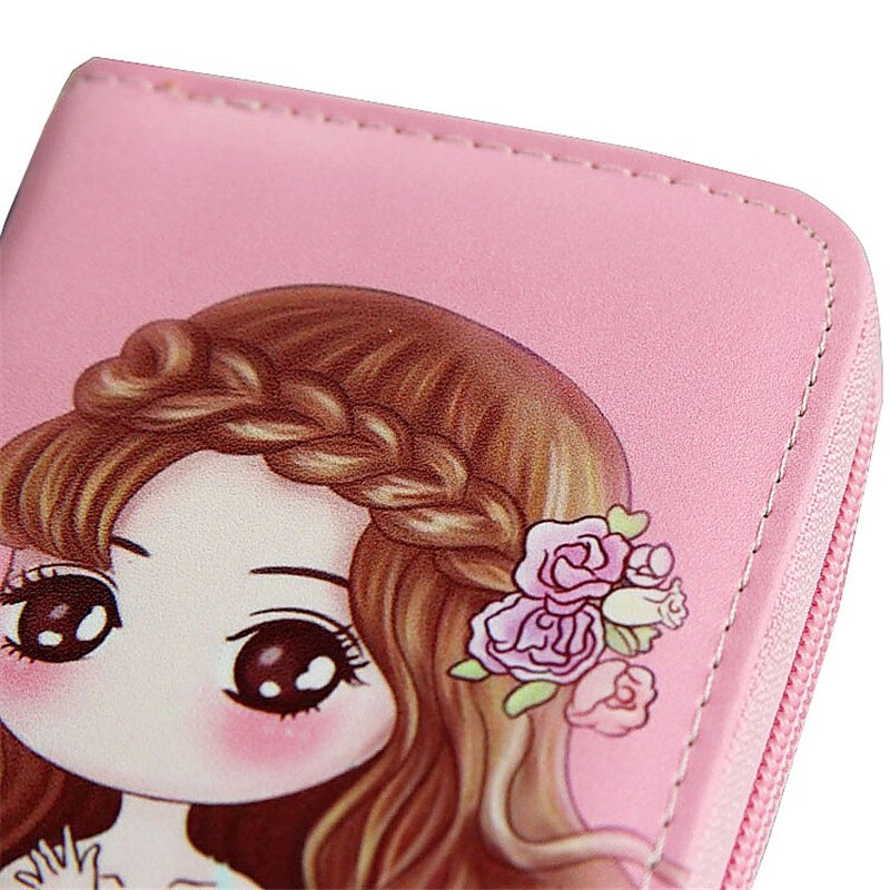 Lovely Women Girl Long Cartoon Raffiti Wallet Bag with Strap Card Holder Coin Purse Change Wallet Zip PU Leather Letter Handbags