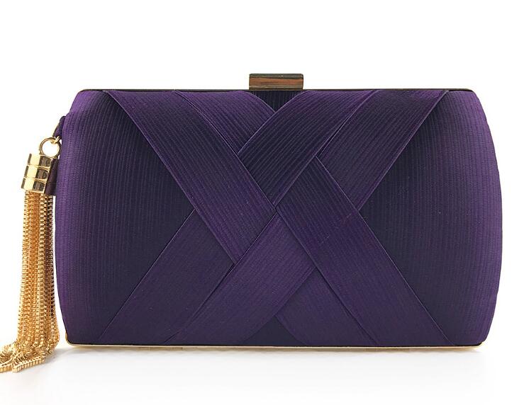 Hand holding dinner bag satin fringed dress bridal evening bag: Purple