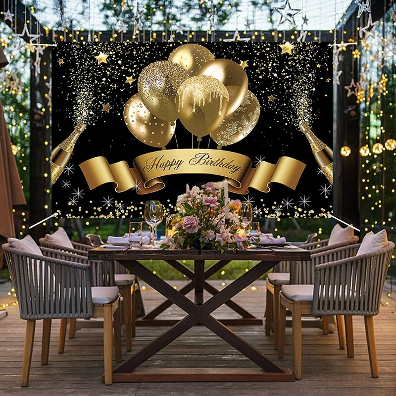 Happy Birthday Backdrop Banner Large Black Gold Balloon Star Poster Booth Backdrop Birthday photo Background Wall Party Decor