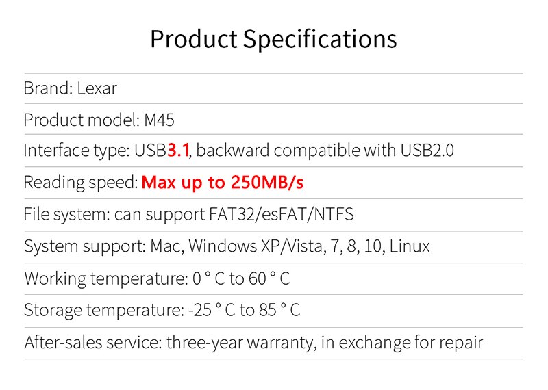 Dispositivo de armazenamento da vara da memória da vara da movimentação 3.1 gb usb da pena do metal 250 mb/s de alta velocidade da movimentação 32 gb 64 gb do flash de usb de lexar usb 128 m45