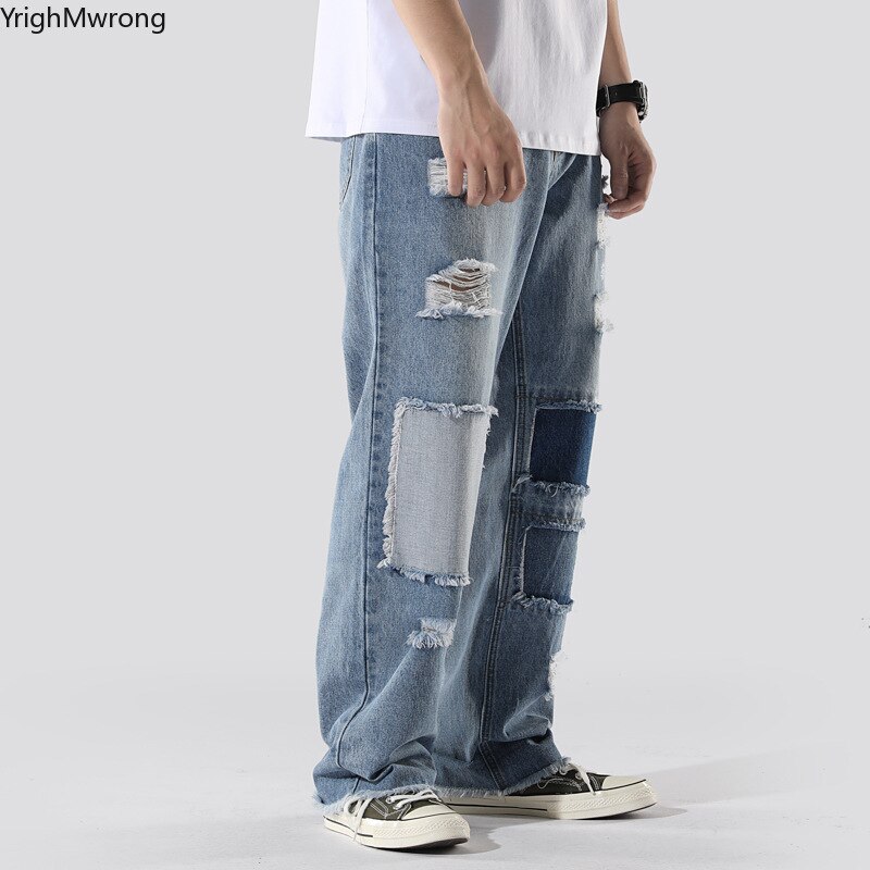 Kvinde mænd plus størrelse løs overdimensioneret baggy rippet hul kontrast patchwork streetwear løs lige hip hop jeans denim punk bukser