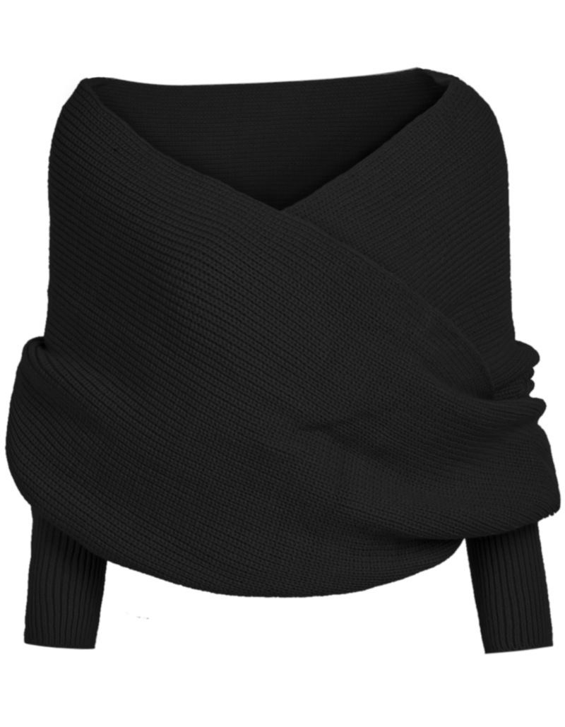 Høst gensere kvinner off shoulder cross wrap genser skjorte slash hals kort tee topp genser strikketøy: Svart