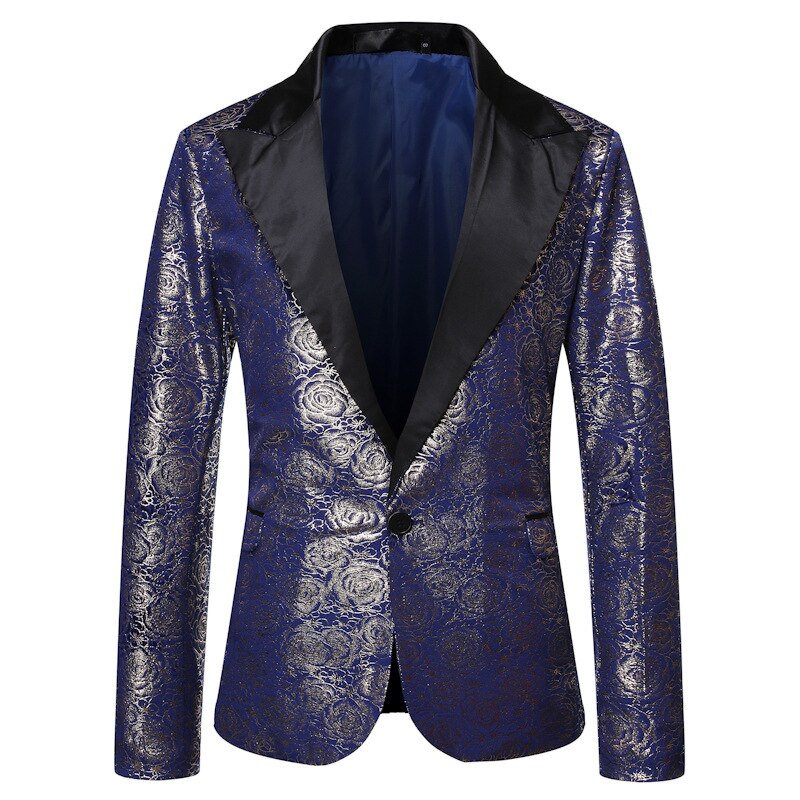 Men's Rose Gold Print Suit Jacket One Button Patchwork Colalr Dress Blazers Male Party Dinner Wedding Stage Clothes for Singers: Blue / US Size XL